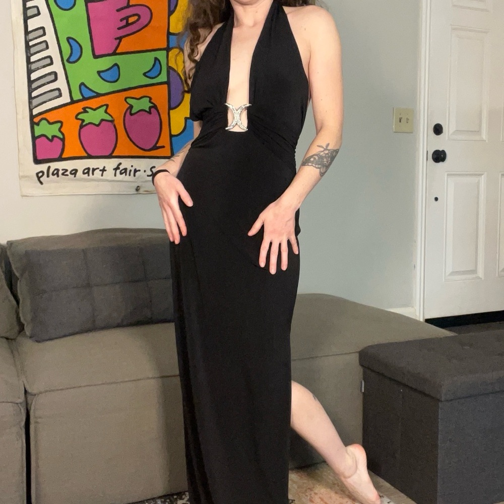 Vintage Cache Black Halter Maxi Dress Backless Gown Size 2